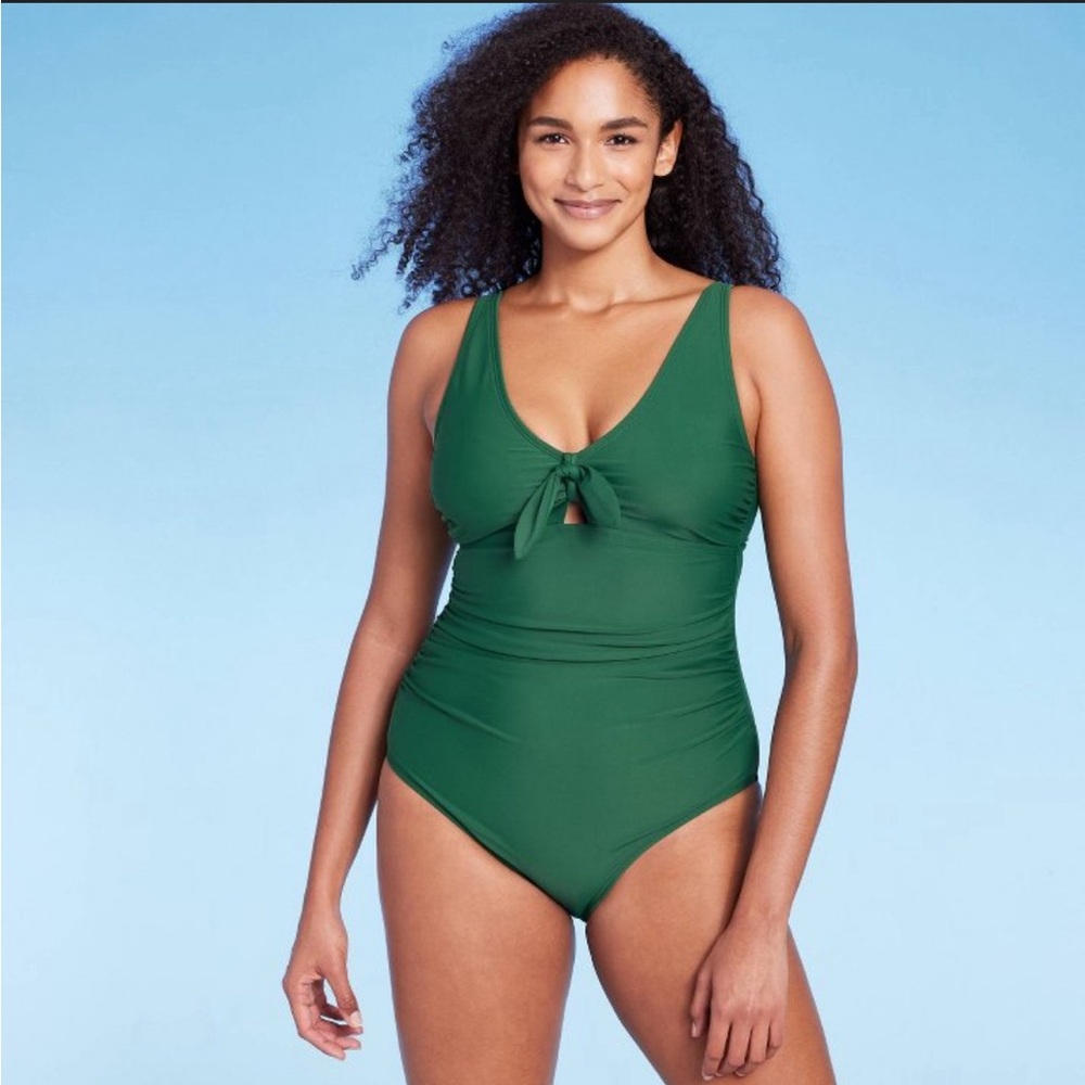 Tie-front ruched full coverage one piece swimsuit— Kona Sol